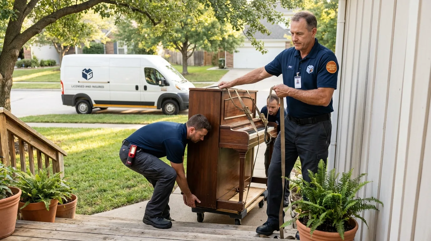Licensed piano movers securing grand piano in Russell, PA