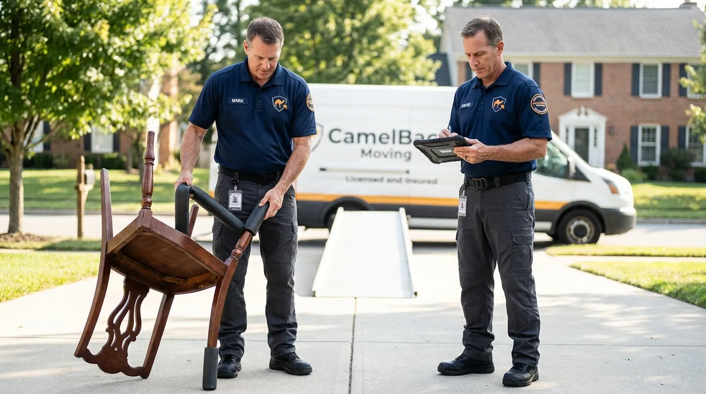 Movers inspecting furniture for damage prevention before loading in Russell, PA