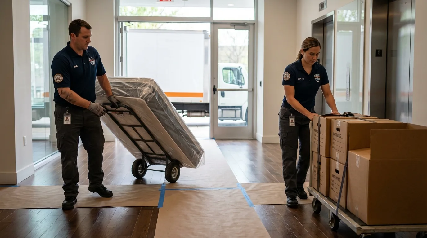 Professional apartment movers loading elevator in Russell, PA